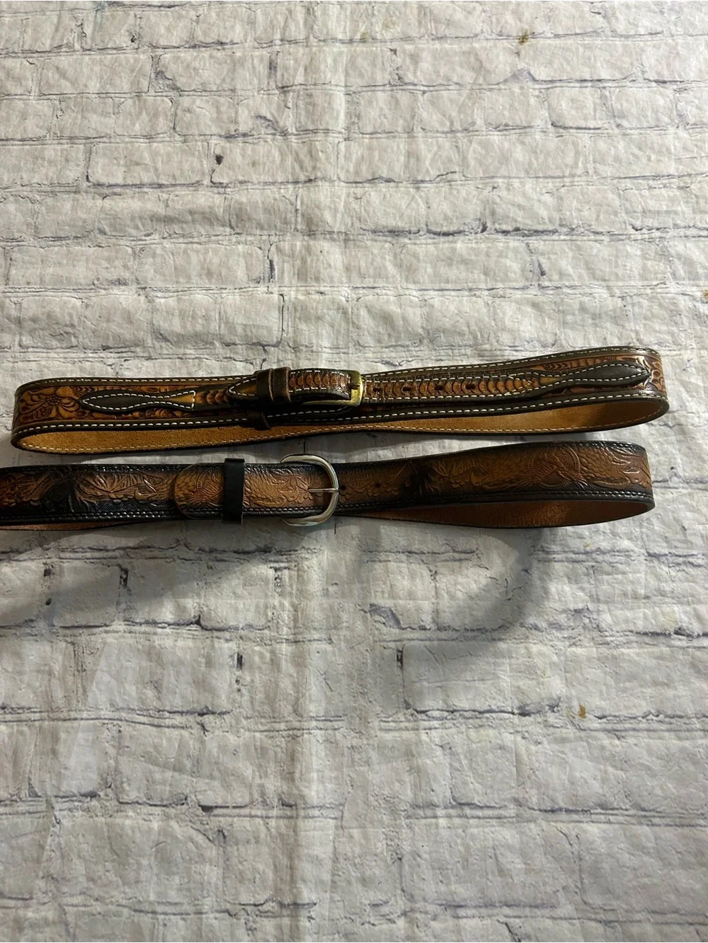 LOT OF (2) VINTAGE WESTERN LEATHER EMBOSSED MENS BROWN BIRDS & FLORAL BELTS